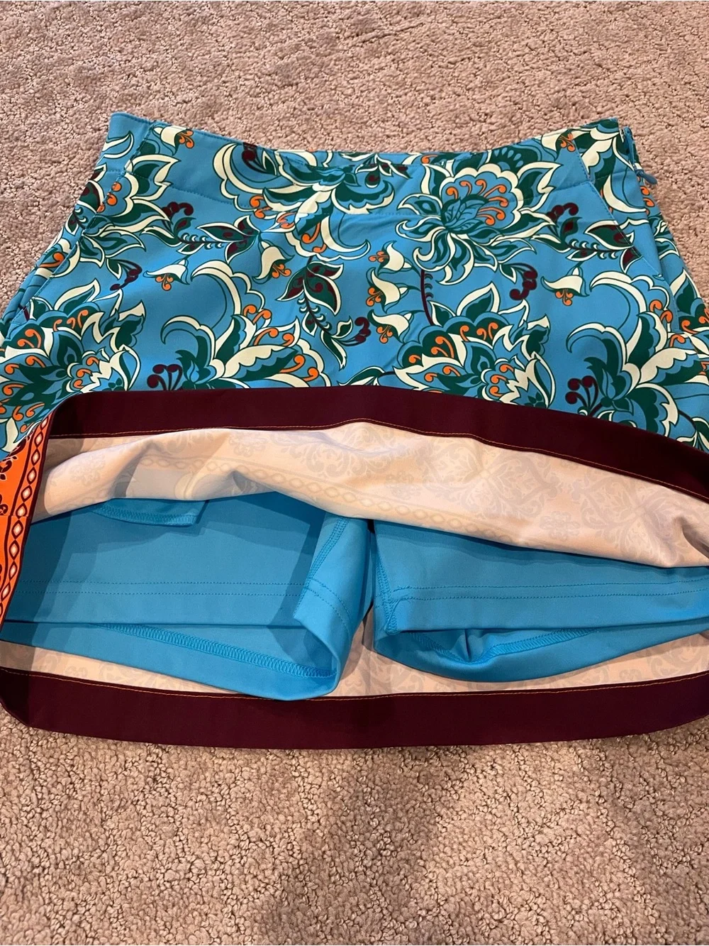 Lady Hagen Turquoise Blue Floral Mini Skirt/Skort with Orange Hem, Size 2